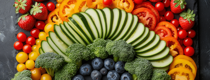 An image of a rainbow composed of various-colored fruits and vegetables.