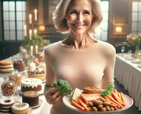 An image of a woman with a plate of healthy foods for improving gut health.