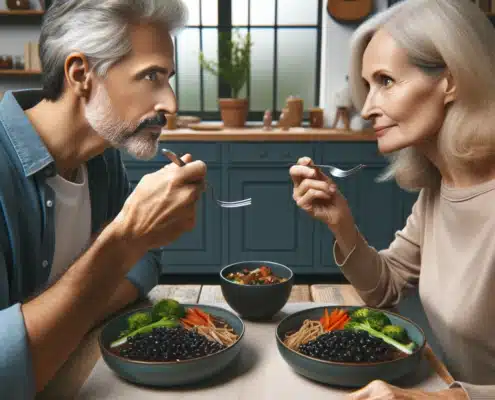An image of a man and woman eating plant-based protein sources for their vegan lifestyle.