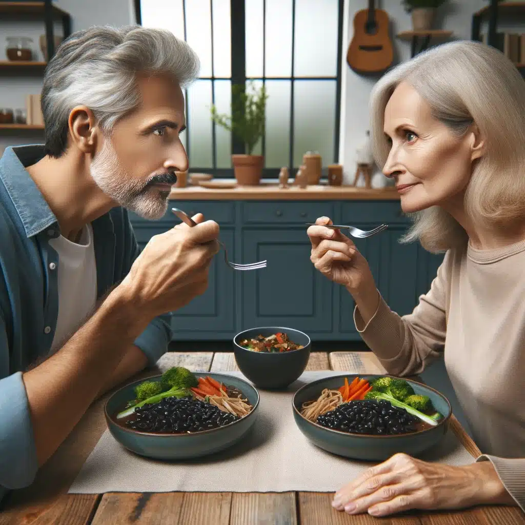 An image of a man and woman eating plant-based protein sources for their vegan lifestyle.