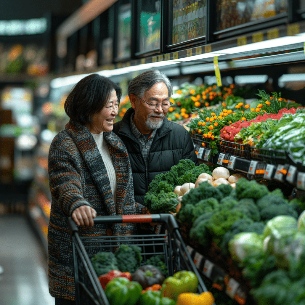 An image of a Man and Woman Shopping for Nonstarchy Vegetables