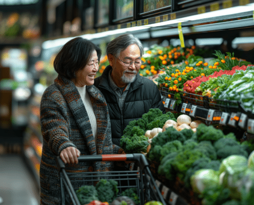 An image of a Man and Woman Shopping for Nonstarchy Vegetables