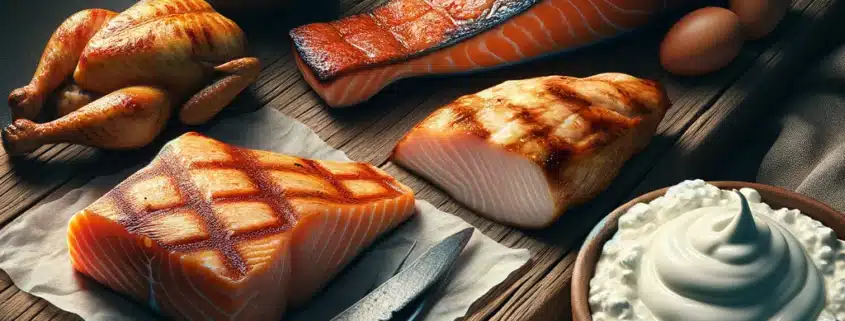 An image of a selection of nutrient-dense protein, including salmon, chicken breast, and Greek yogurt.