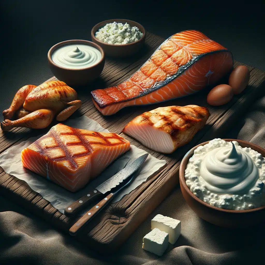 An image of a selection of nutrient-dense protein, including salmon, chicken breast, and Greek yogurt.