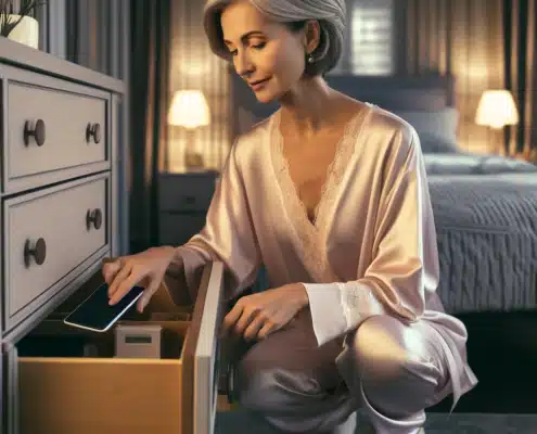 An image of a woman putting her smartphone in a drawer before bed to help avoid type 2 diabetes.