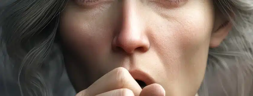 An image of a woman coughing into her fist.