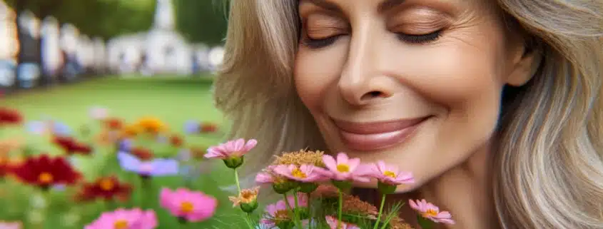 An image of a woman smelling flowers in the park practicing a gratitude healthy habit