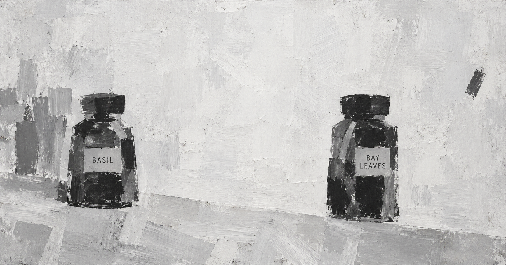 Two roughly painted spice jars labeled BASIL and BAY LEAVES stand far apart on a pale ground.