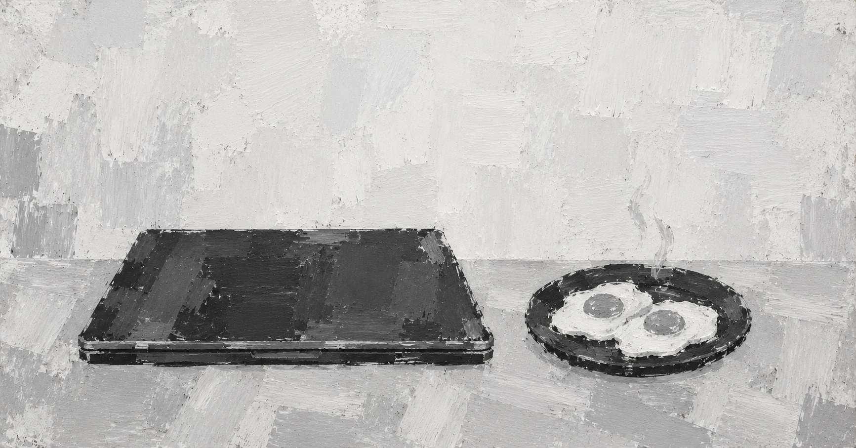 A closed dark laptop rests beside a plate of hot eggs in a sparse monochrome painting.