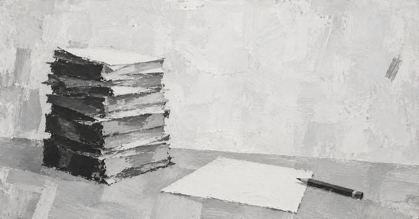 A thick stack of papers faces a blank sheet and a resting pencil in a sparse monochrome painting.