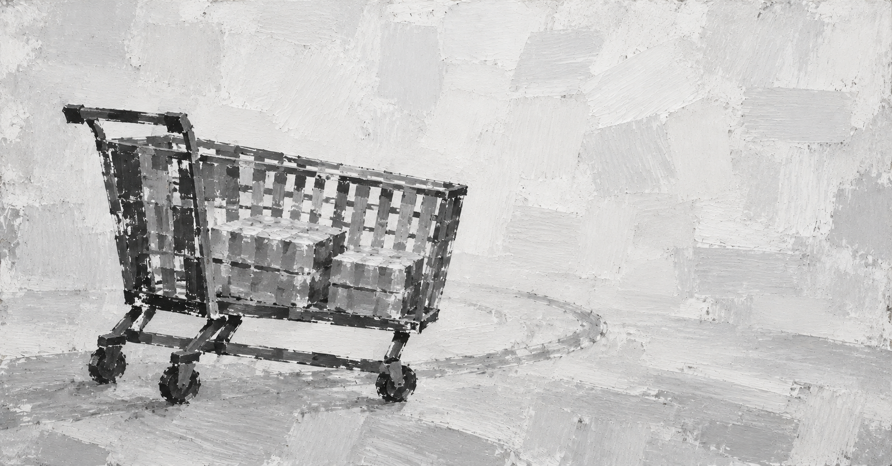 An oversized shopping cart sits beside a curving wheel track on a pale painted ground.