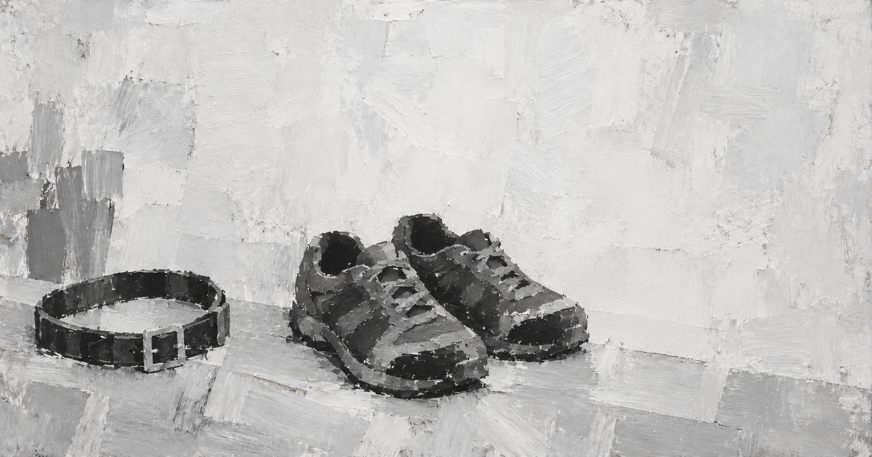 An empty dog collar lies beside a pair of worn walking shoes on a pale painted ground.