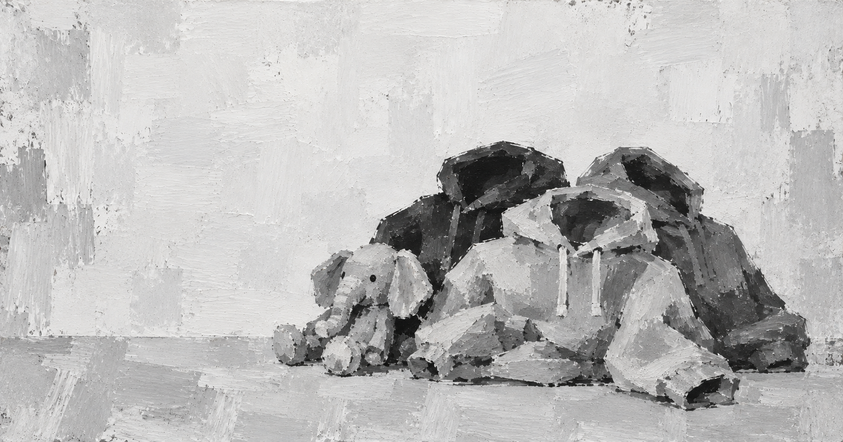 A small stuffed elephant leans against a pile of three empty hoodies in a monochrome painting.