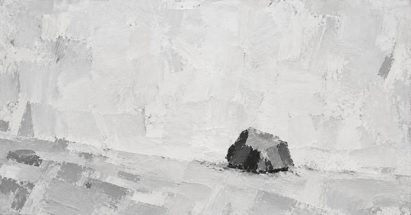 A small angular piece of driveway gravel rests in a broad expanse of pale textured paint.
