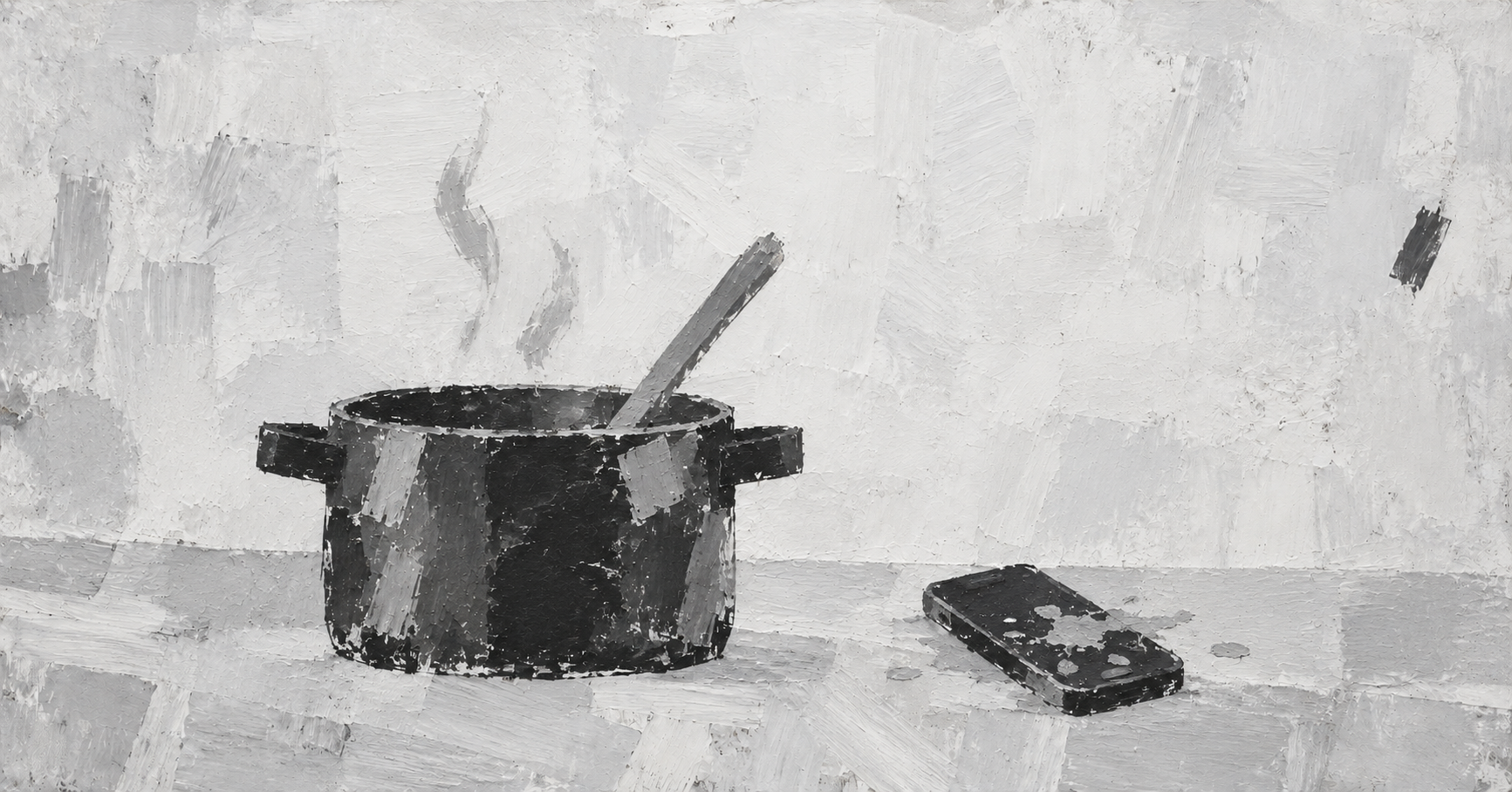 A steaming soup pot and spoon sit beside a smartphone splashed with juice in a monochrome painting.