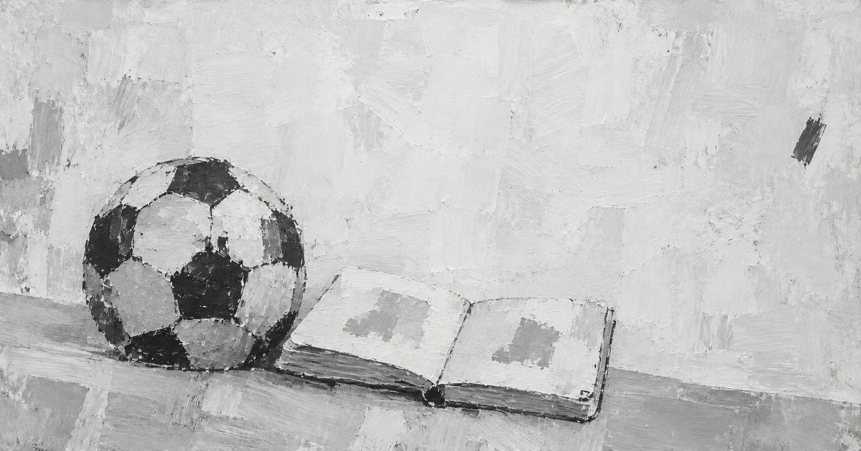A worn soccer ball rests beside an open, well-used board book in a sparse monochrome painting.